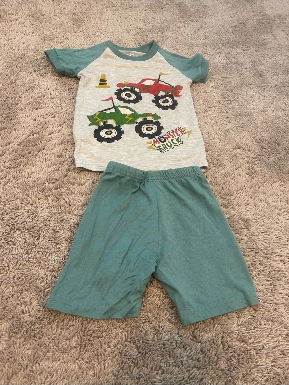 Kids Monster Truck Short Pajama Set - Teal & White